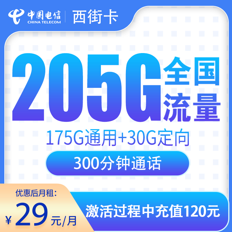 电信西街卡29元205G+300分钟【只发浙江】