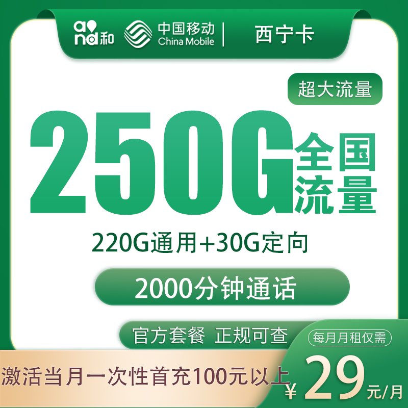 移动西宁卡29元250G+2000分钟【只发广西】