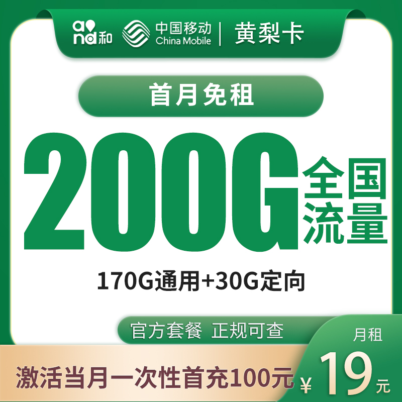 移动黄梨卡19元200G【只发广东】